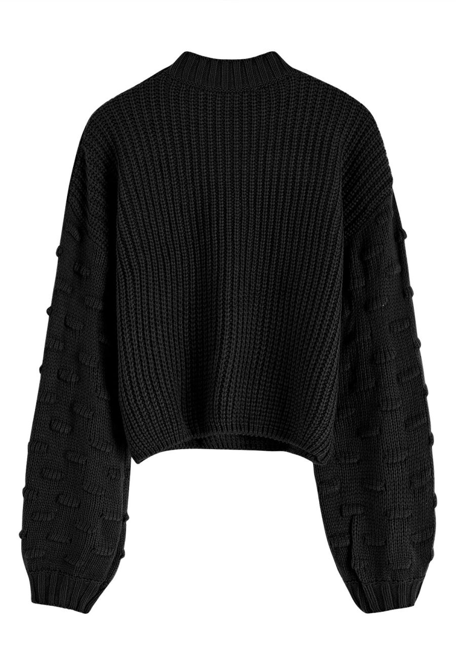 Playful Dotted Puff Sleeve Crop Sweater in Black