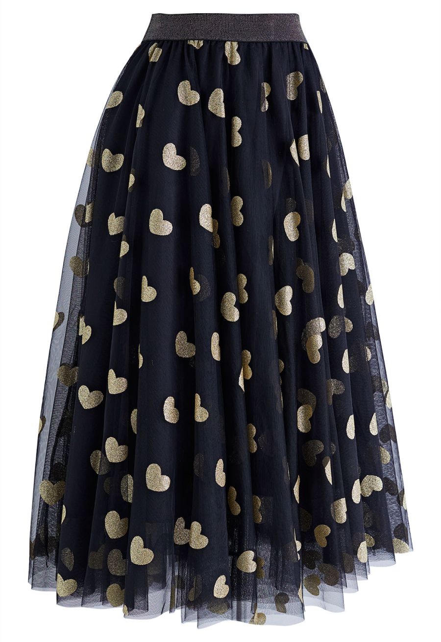 Shimmering Hearts Mesh Tulle Midi Skirt in Black