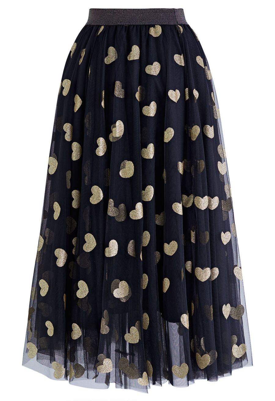 Shimmering Hearts Mesh Tulle Midi Skirt in Black