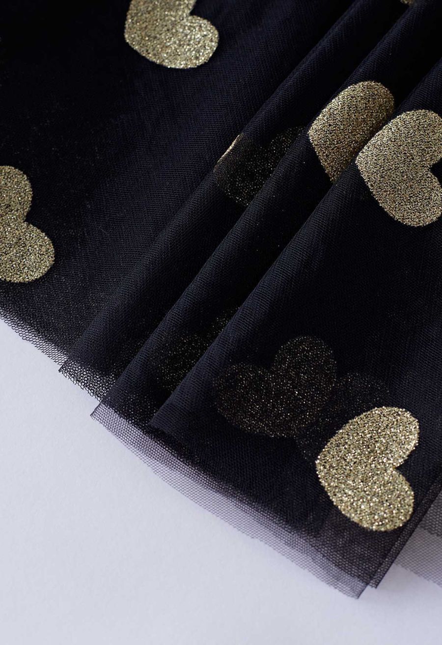 Shimmering Hearts Mesh Tulle Midi Skirt in Black