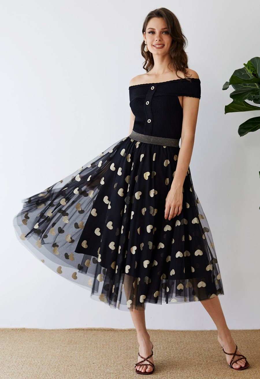 Shimmering Hearts Mesh Tulle Midi Skirt in Black