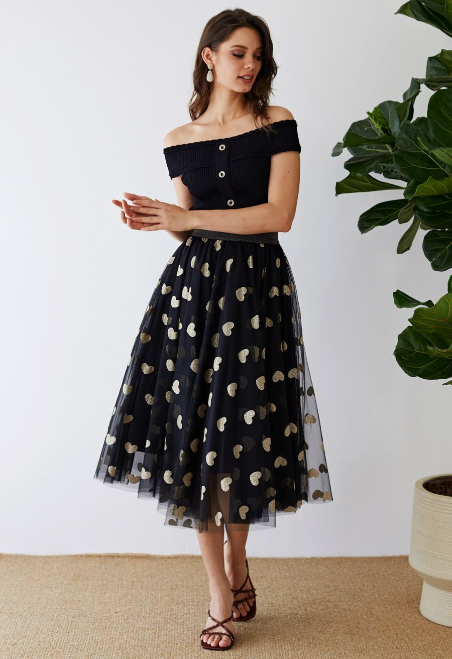 Shimmering Hearts Mesh Tulle Midi Skirt in Black