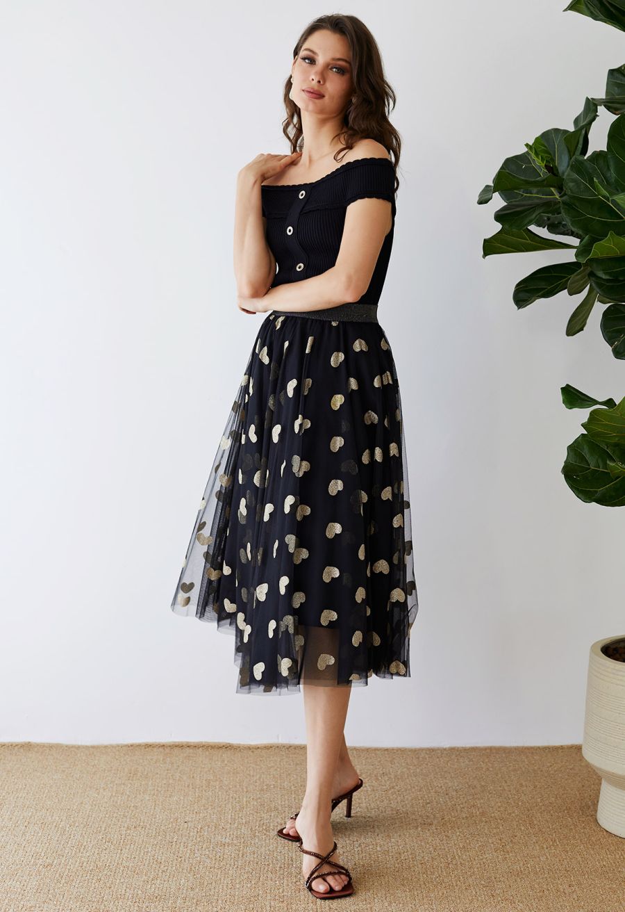 Shimmering Hearts Mesh Tulle Midi Skirt in Black