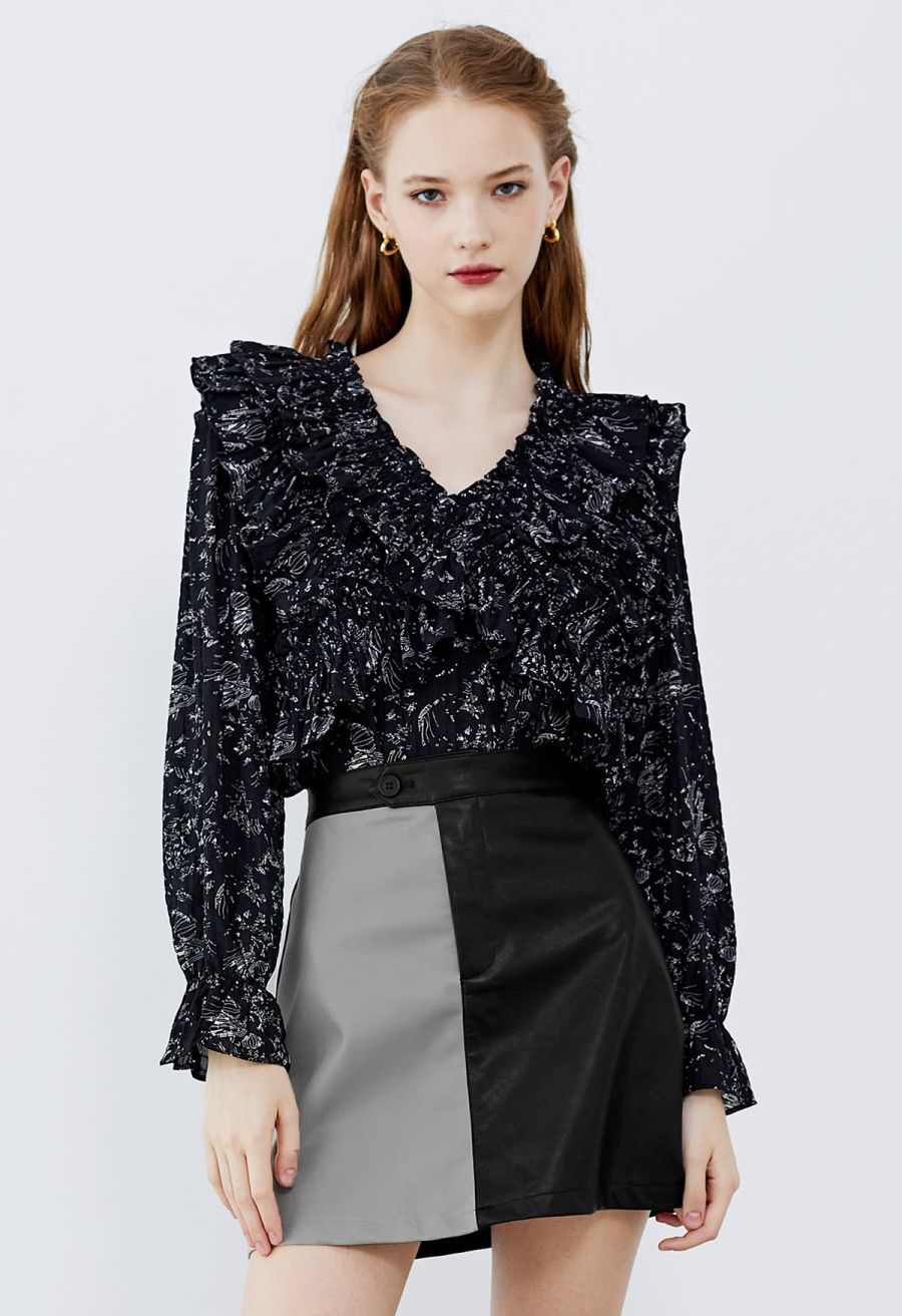 Two-Tone Faux Leather Mini Bud Skirt in Black