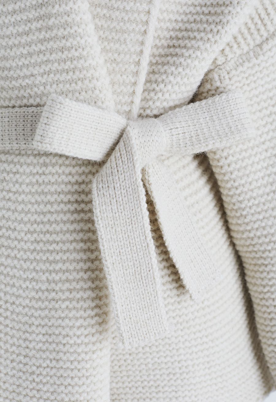 Collared Self-Tie Wrap Waffle Knit Cardigan in Ivory