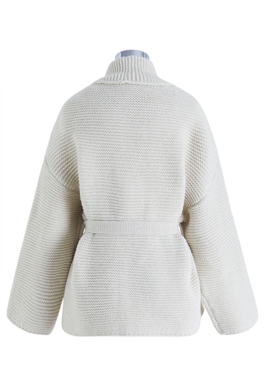 Collared Self-Tie Wrap Waffle Knit Cardigan in Ivory
