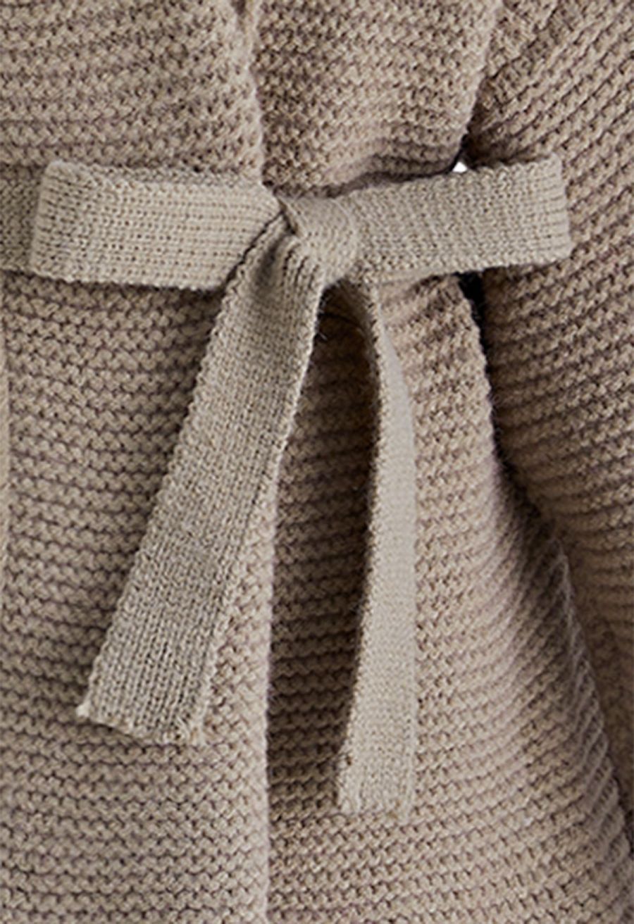 Collared Self-Tie Wrap Waffle Knit Cardigan in Light Tan