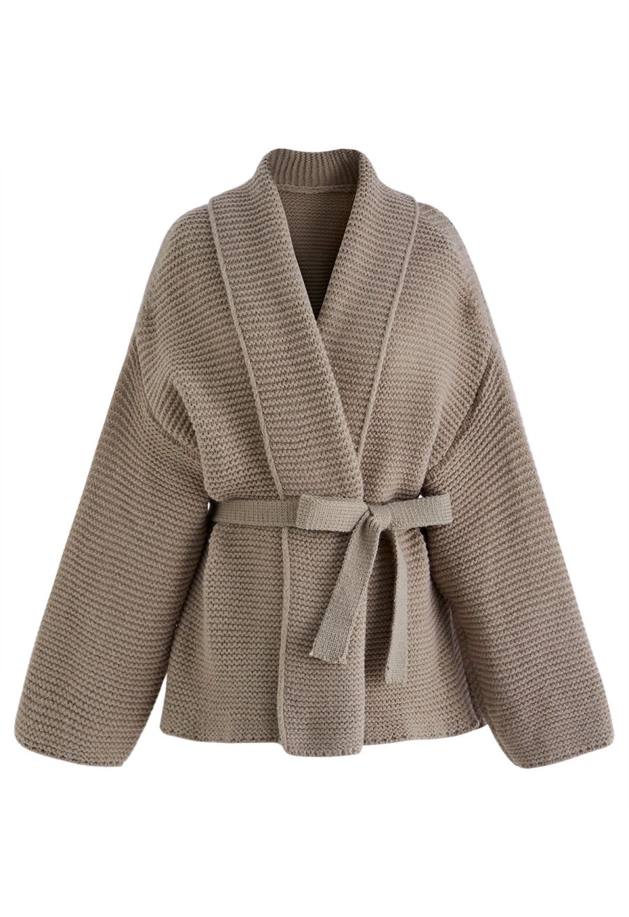 Collared Self-Tie Wrap Waffle Knit Cardigan in Light Tan
