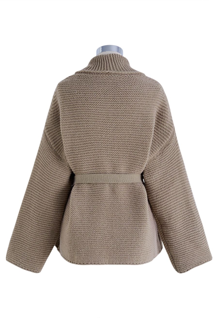 Collared Self-Tie Wrap Waffle Knit Cardigan in Light Tan