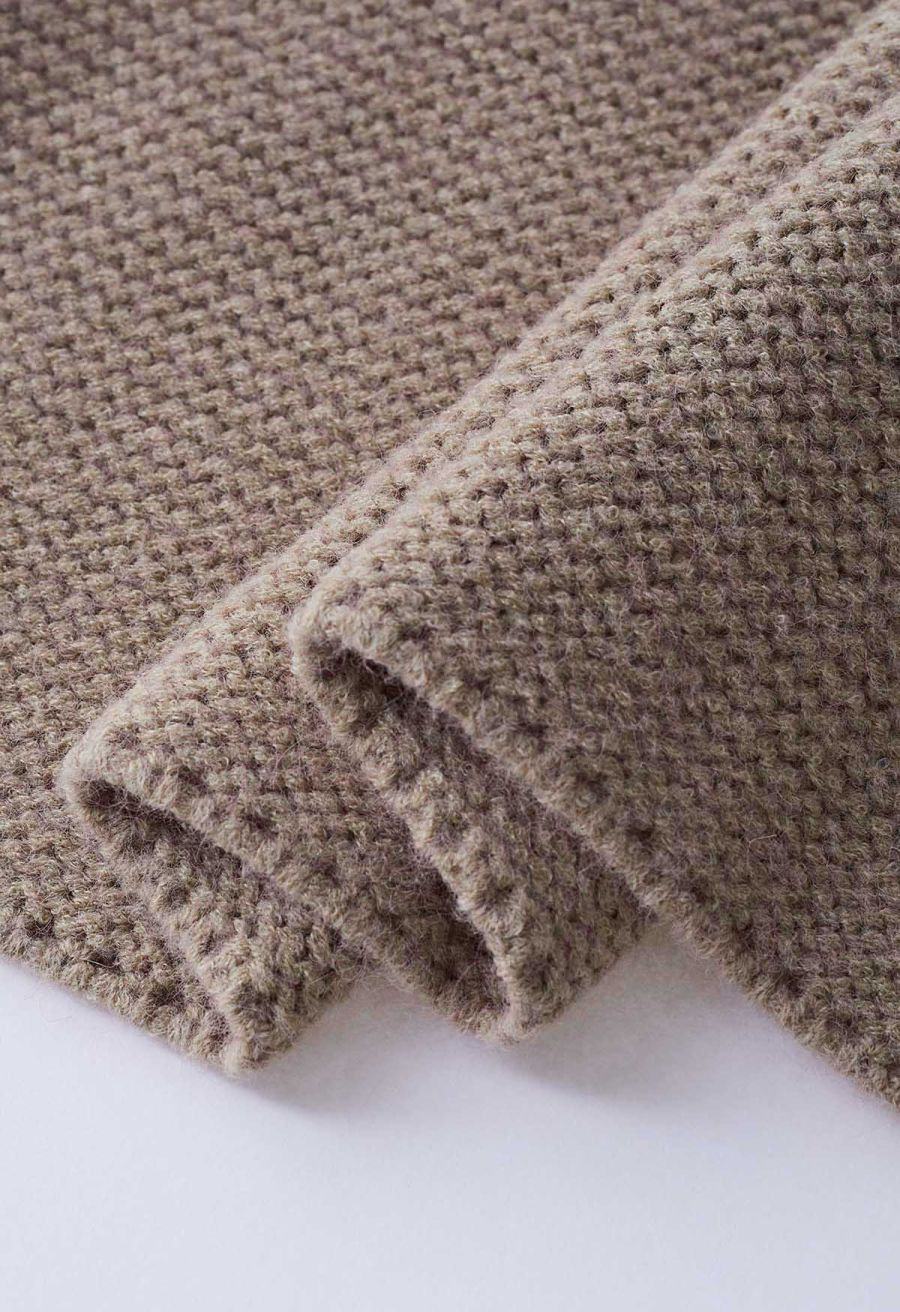Collared Self-Tie Wrap Waffle Knit Cardigan in Light Tan