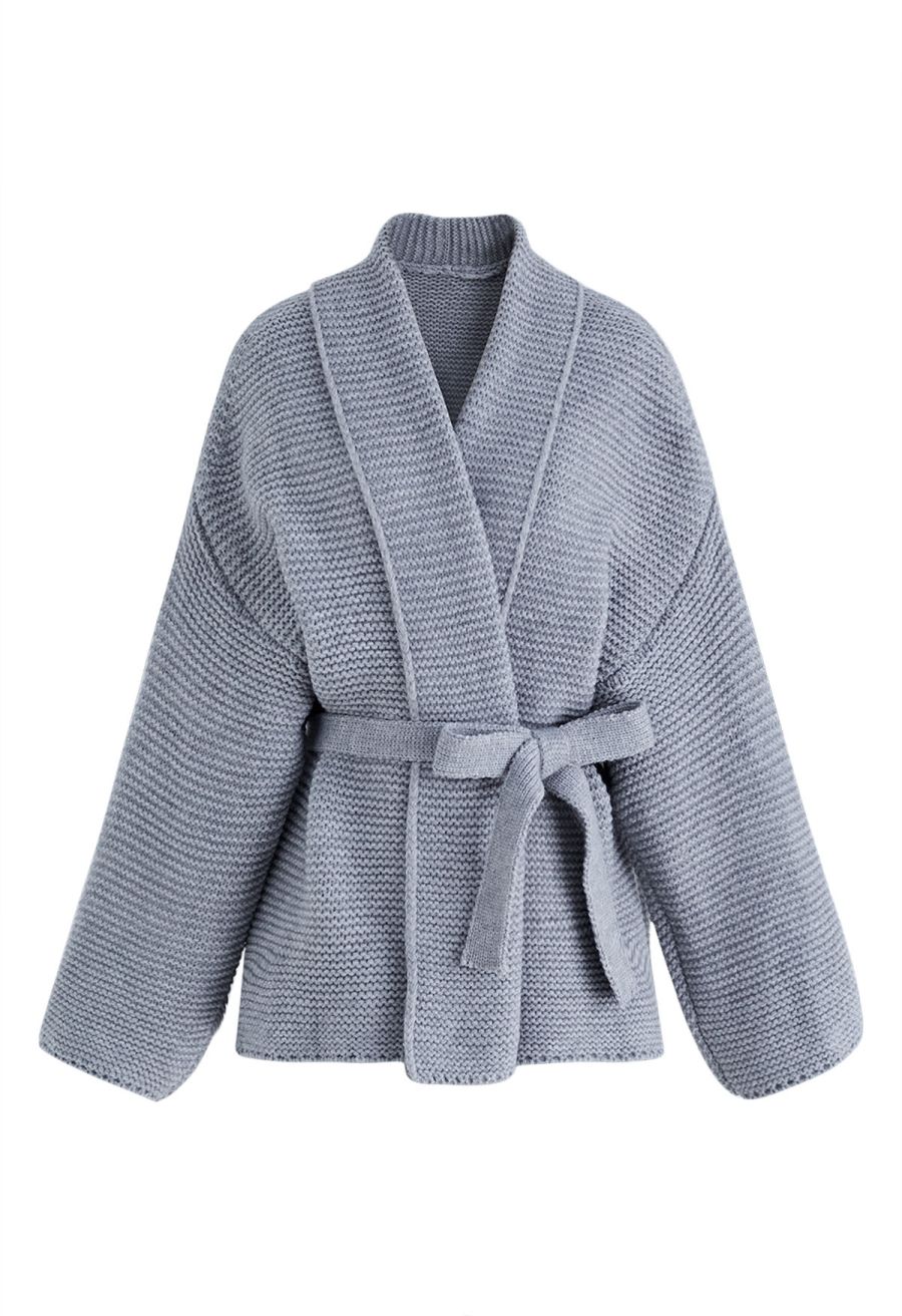 Collared Self-Tie Wrap Waffle Knit Cardigan in Grey