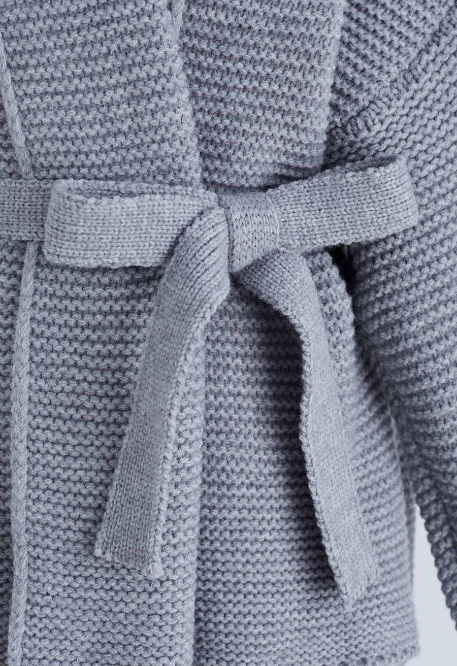 Collared Self-Tie Wrap Waffle Knit Cardigan in Grey