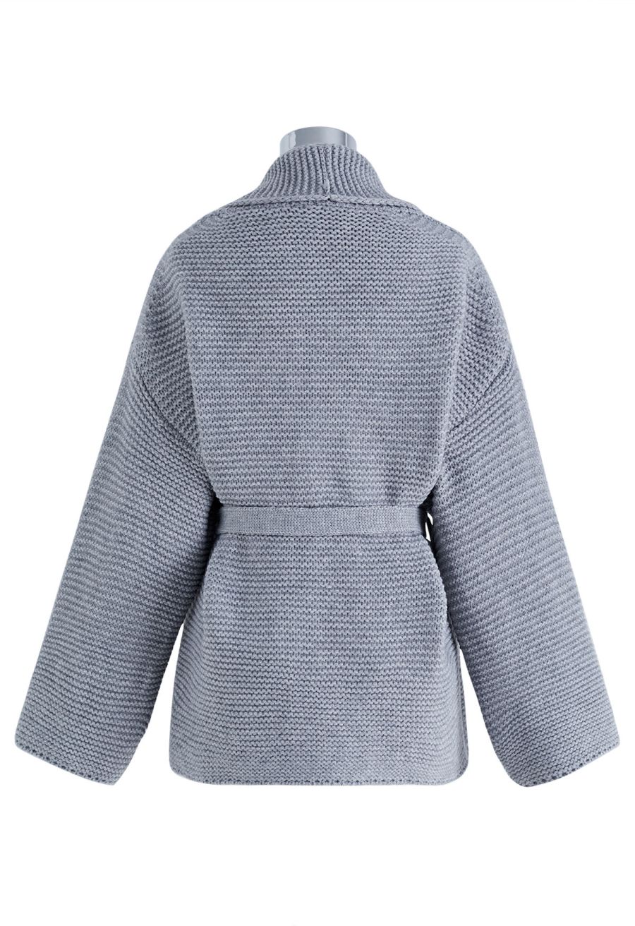 Collared Self-Tie Wrap Waffle Knit Cardigan in Grey
