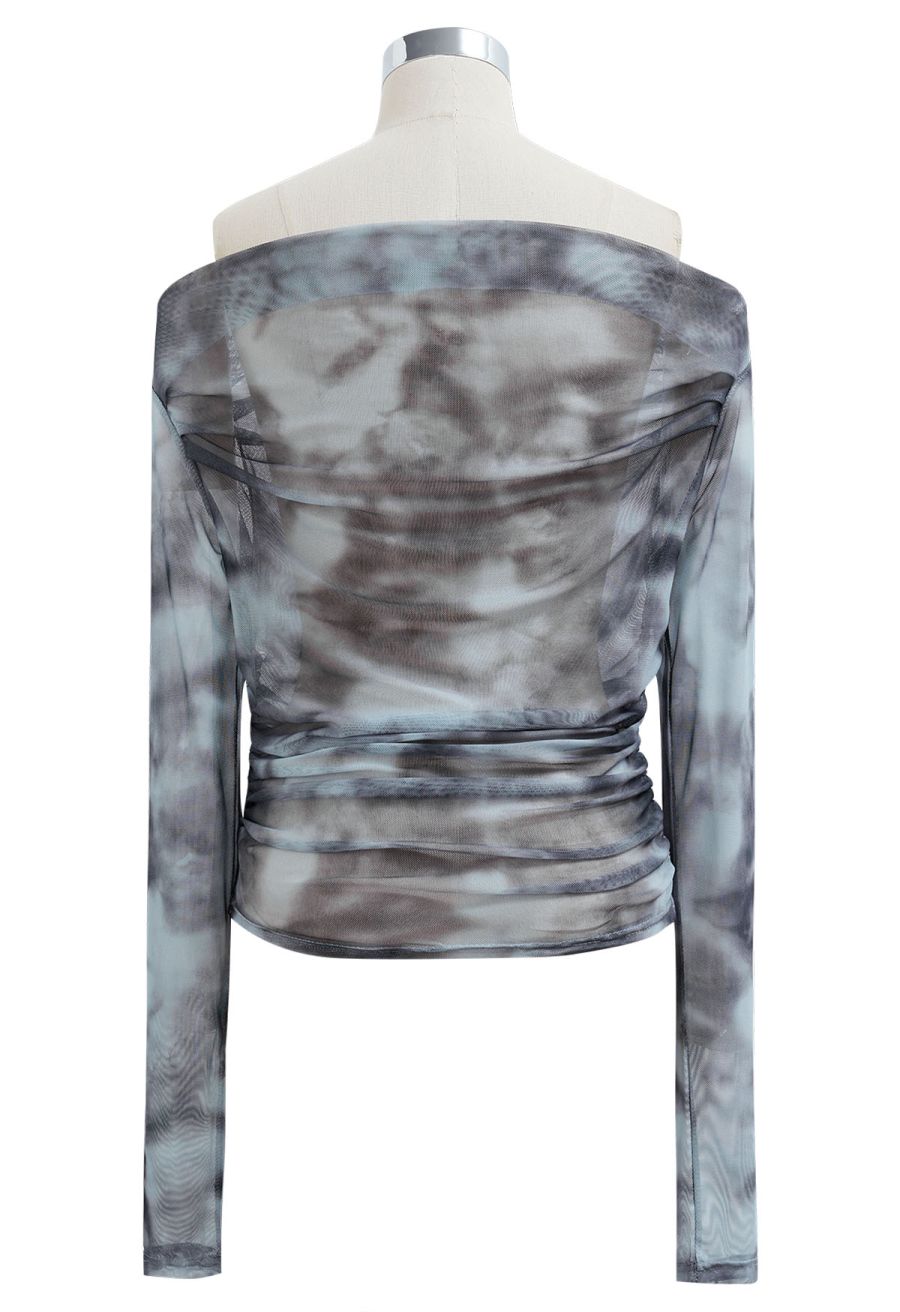 Tie Dye Off-Shoulder Soft Mesh Ruched Top in Grey