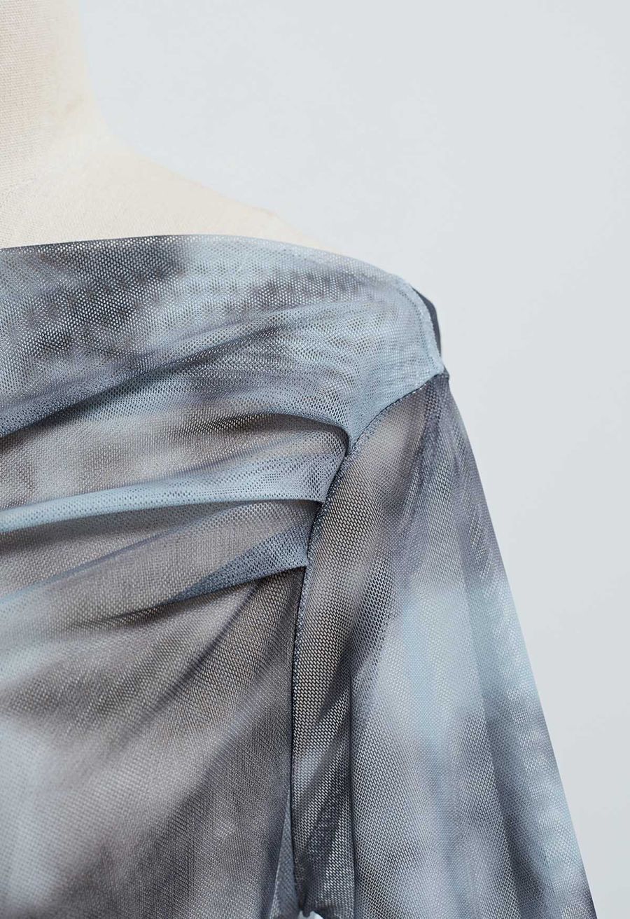 Tie Dye Off-Shoulder Soft Mesh Ruched Top in Grey