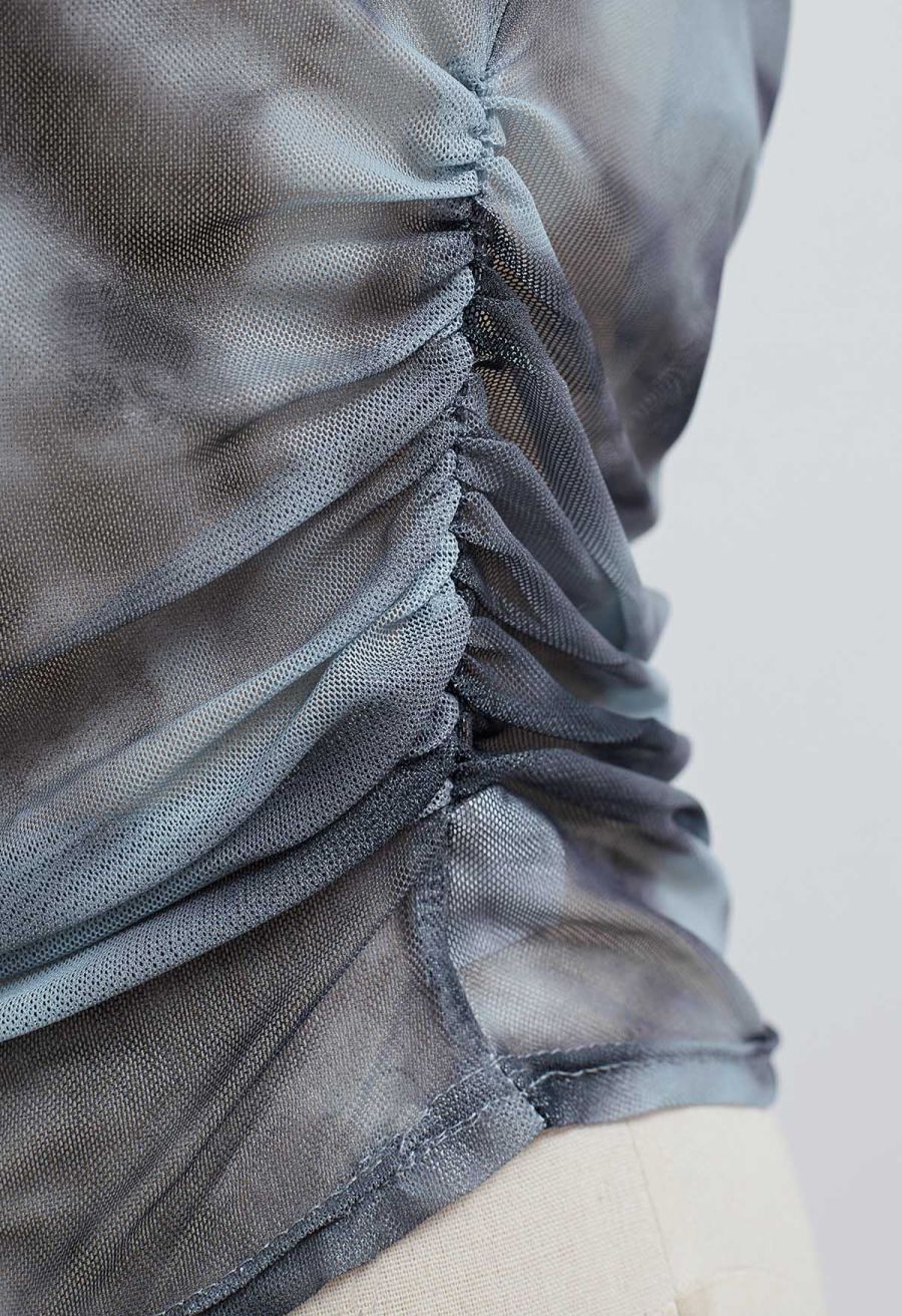 Tie Dye Off-Shoulder Soft Mesh Ruched Top in Grey