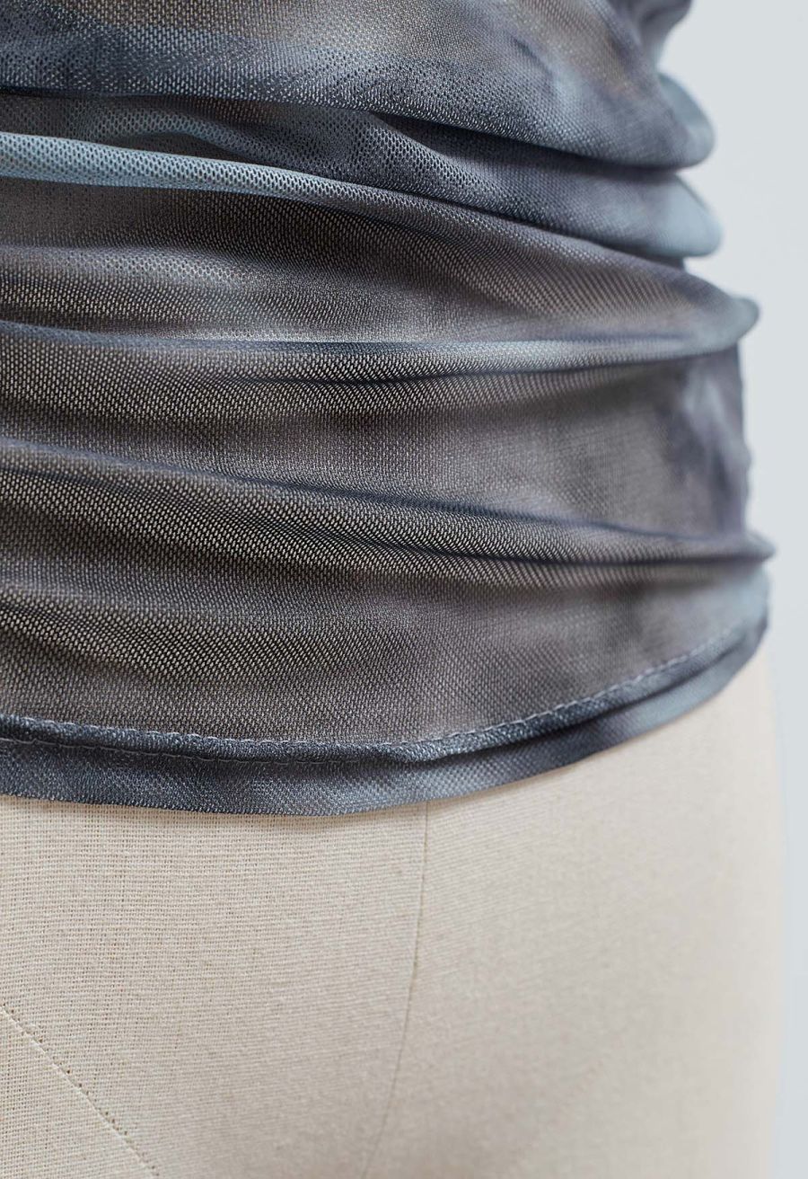 Tie Dye Off-Shoulder Soft Mesh Ruched Top in Grey