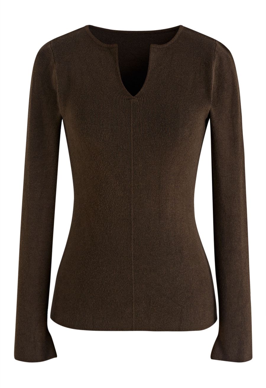 Notch Neckline Fitted Knit Top in Brown
