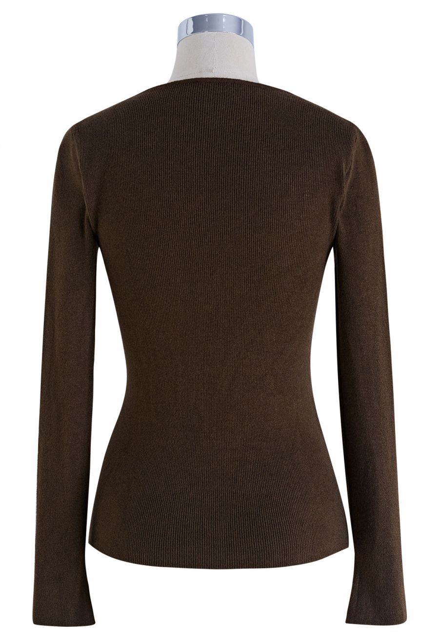 Notch Neckline Fitted Knit Top in Brown