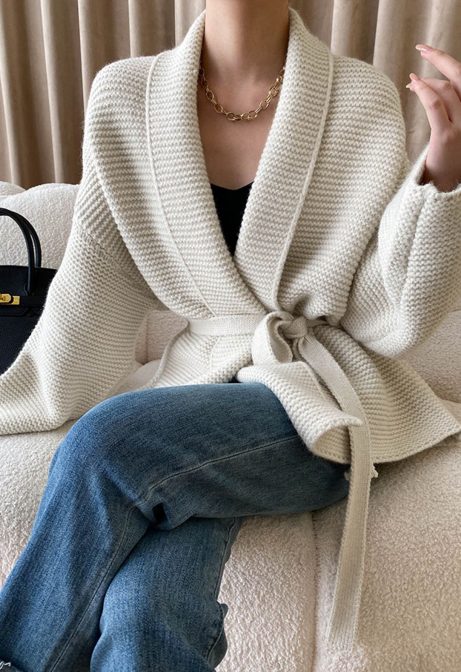 Collared Self-Tie Wrap Waffle Knit Cardigan in Ivory