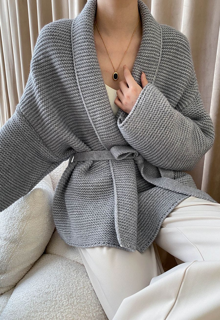 Collared Self-Tie Wrap Waffle Knit Cardigan in Grey