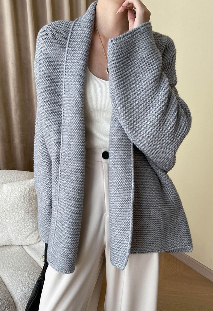 Collared Self-Tie Wrap Waffle Knit Cardigan in Grey