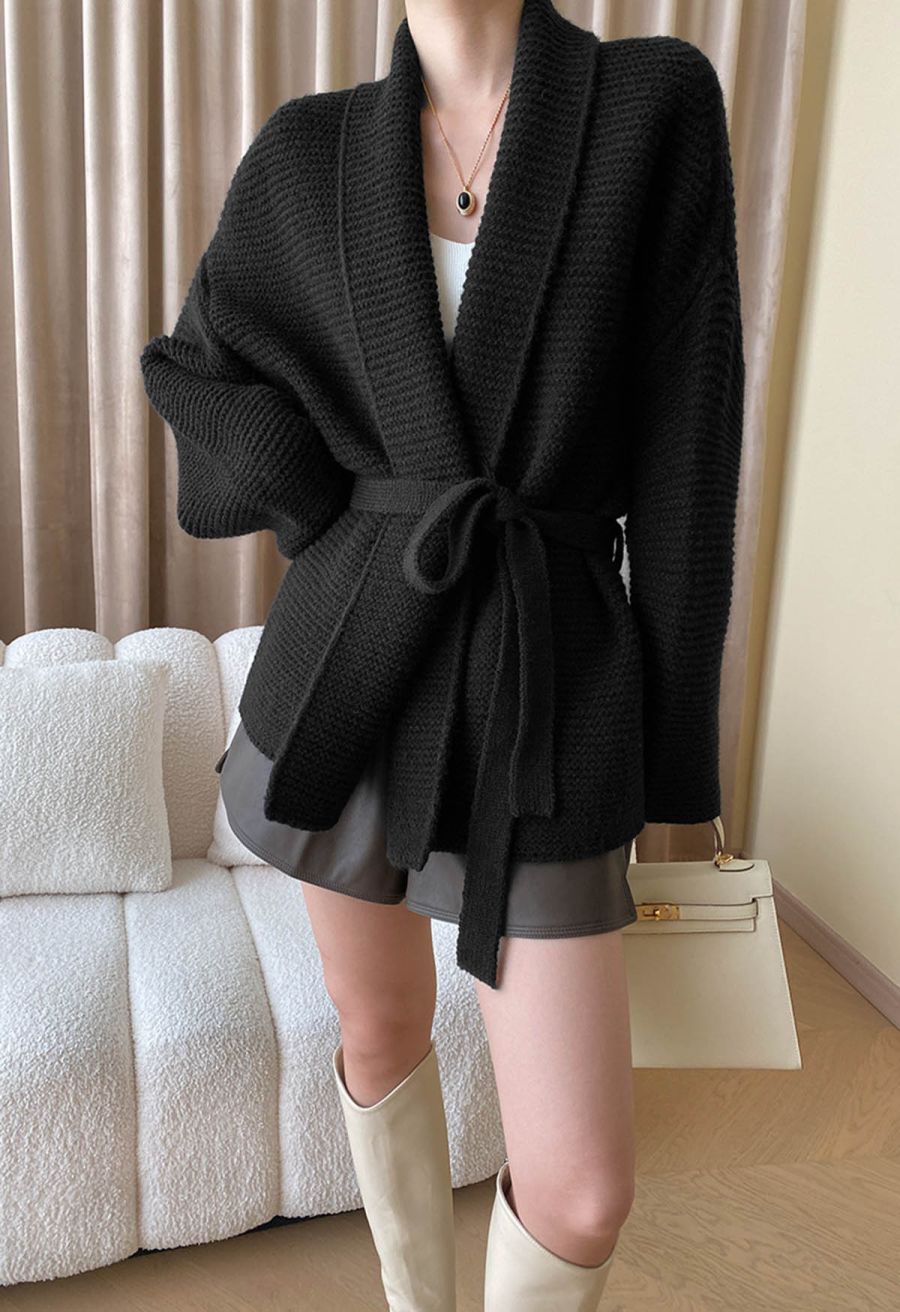 Collared Self-Tie Wrap Waffle Knit Cardigan in Black