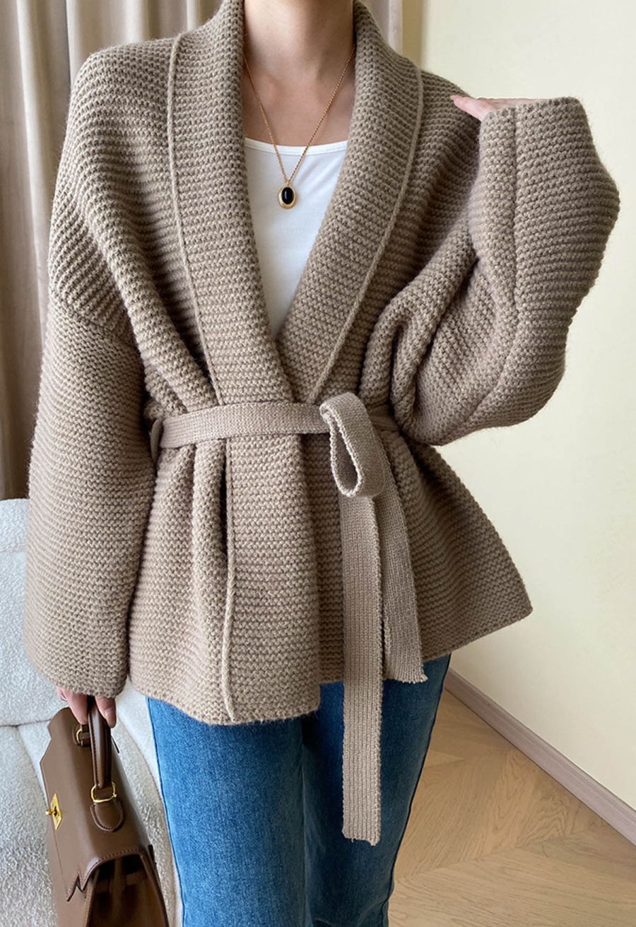 Collared Self-Tie Wrap Waffle Knit Cardigan in Light Tan