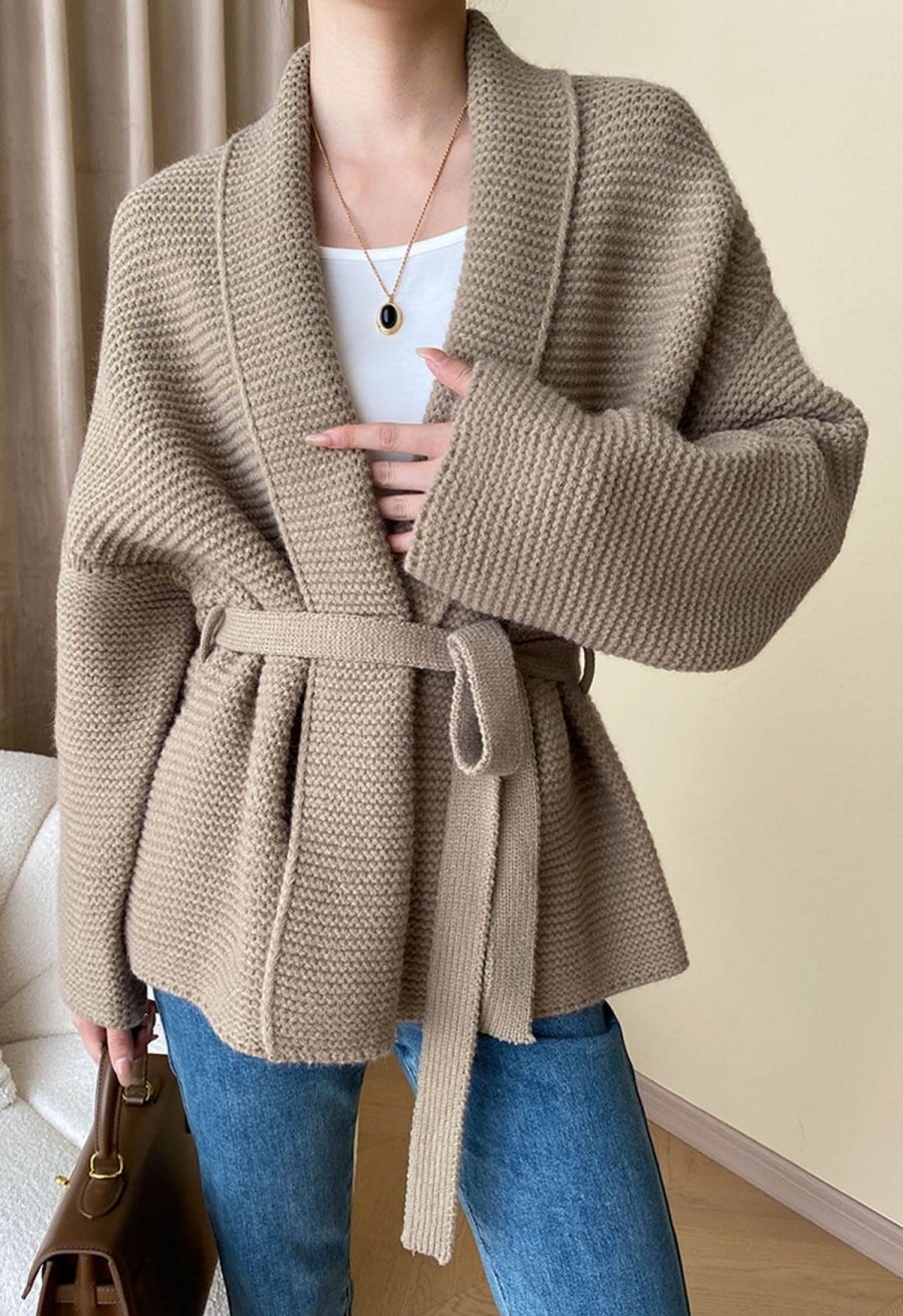 Collared Self-Tie Wrap Waffle Knit Cardigan in Light Tan