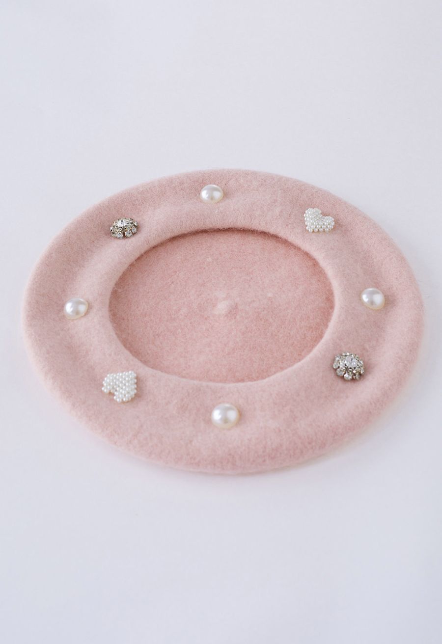 Rhinestone Decor Pearly Beret in Pink