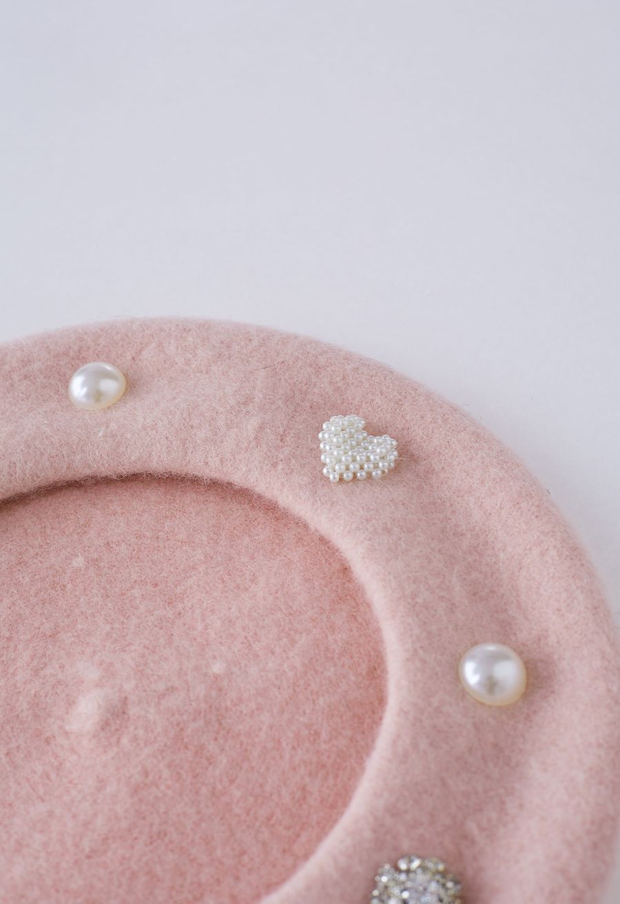 Rhinestone Decor Pearly Beret in Pink