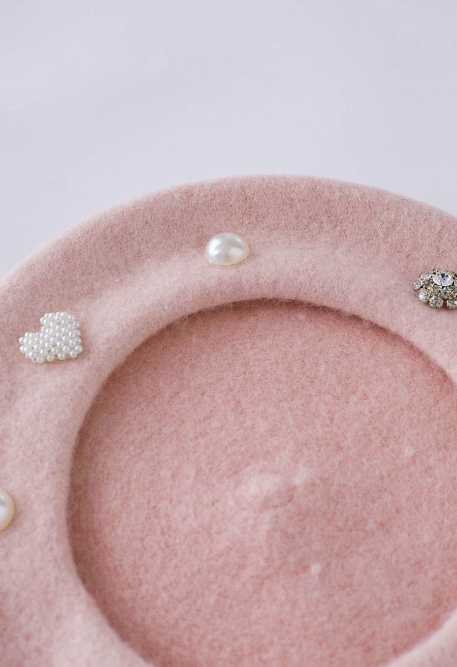 Rhinestone Decor Pearly Beret in Pink