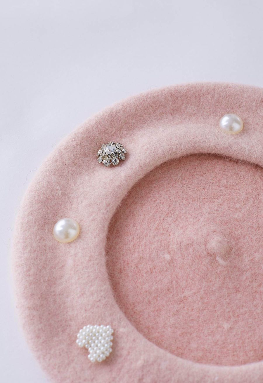 Rhinestone Decor Pearly Beret in Pink