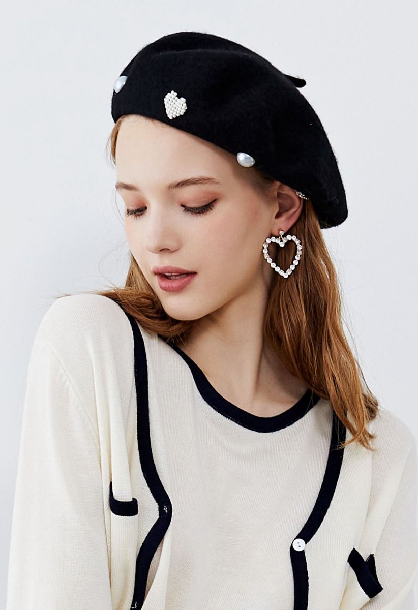 Rhinestone Decor Pearly Beret in Black