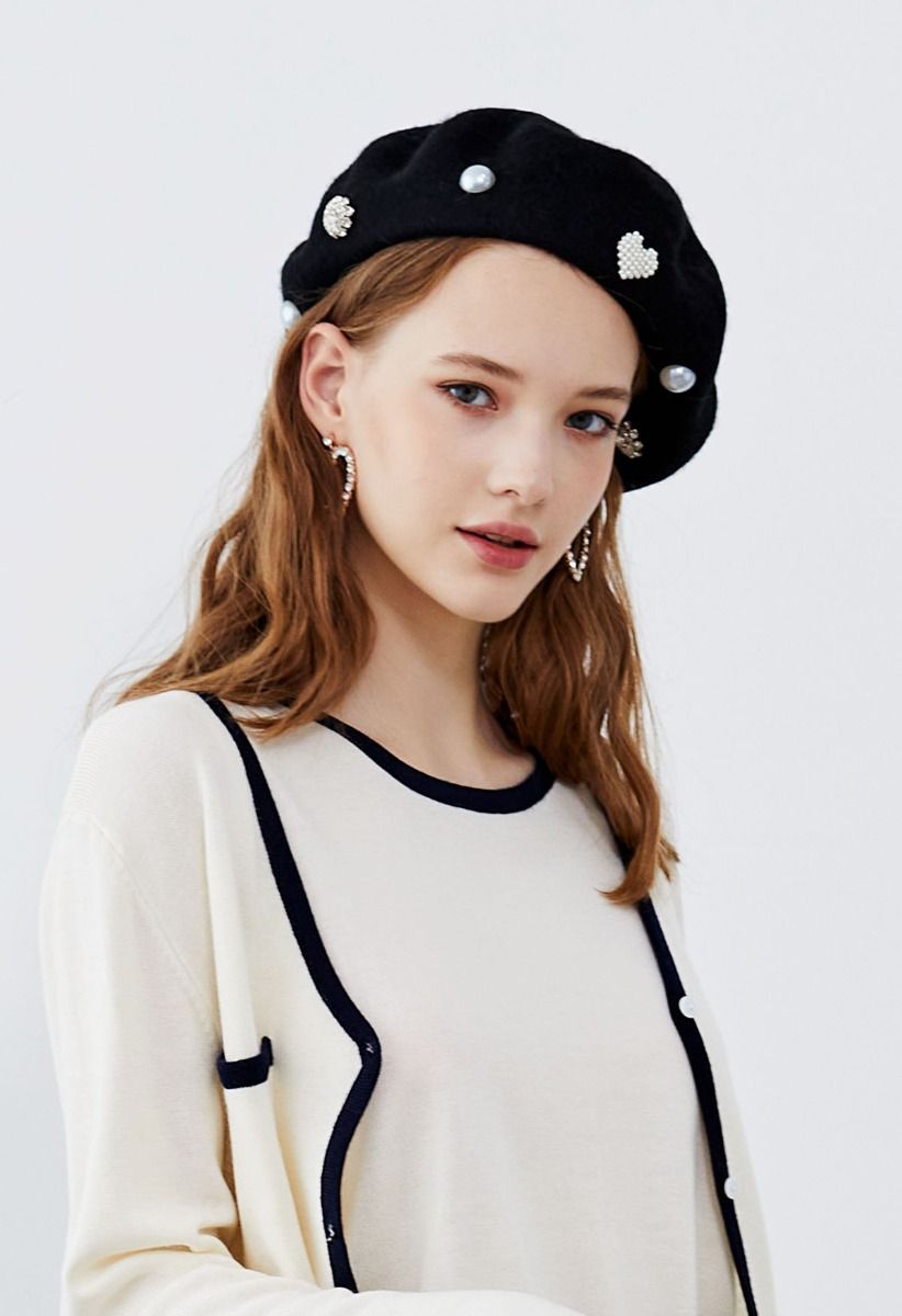 Rhinestone Decor Pearly Beret in Black