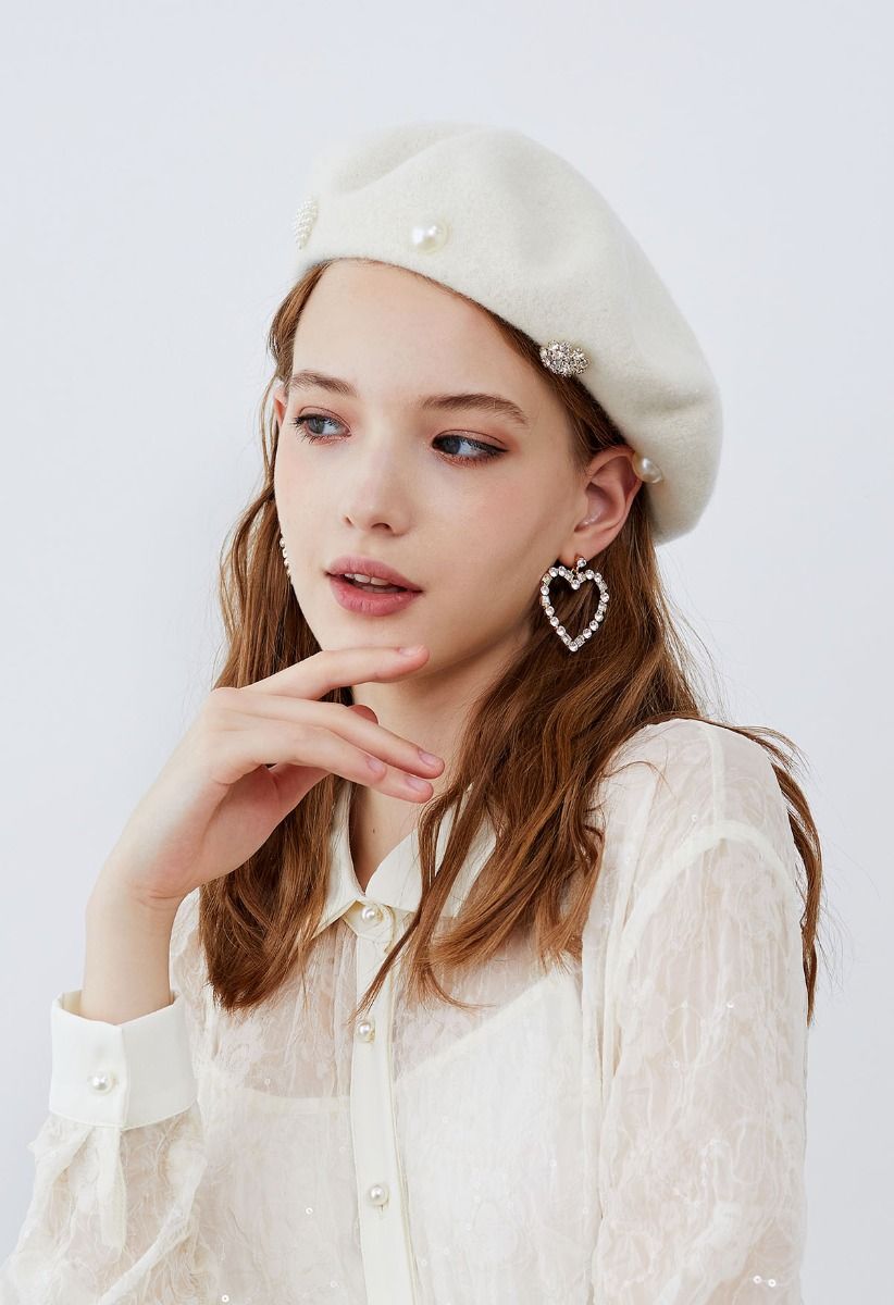 Rhinestone Decor Pearly Beret in Cream