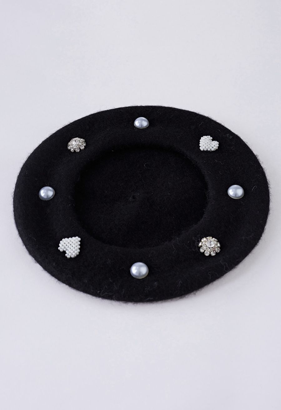 Rhinestone Decor Pearly Beret in Black