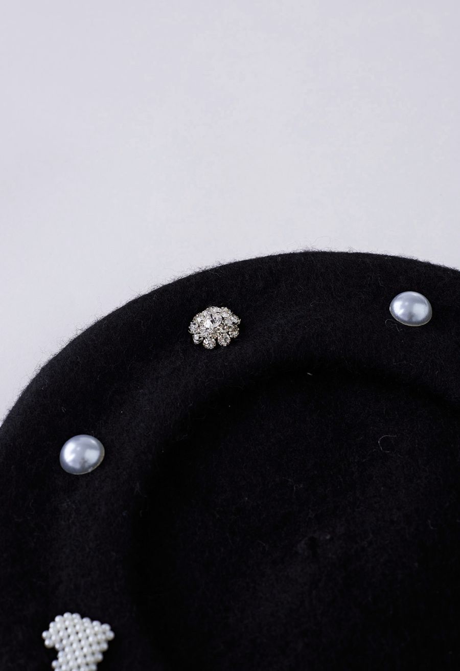 Rhinestone Decor Pearly Beret in Black
