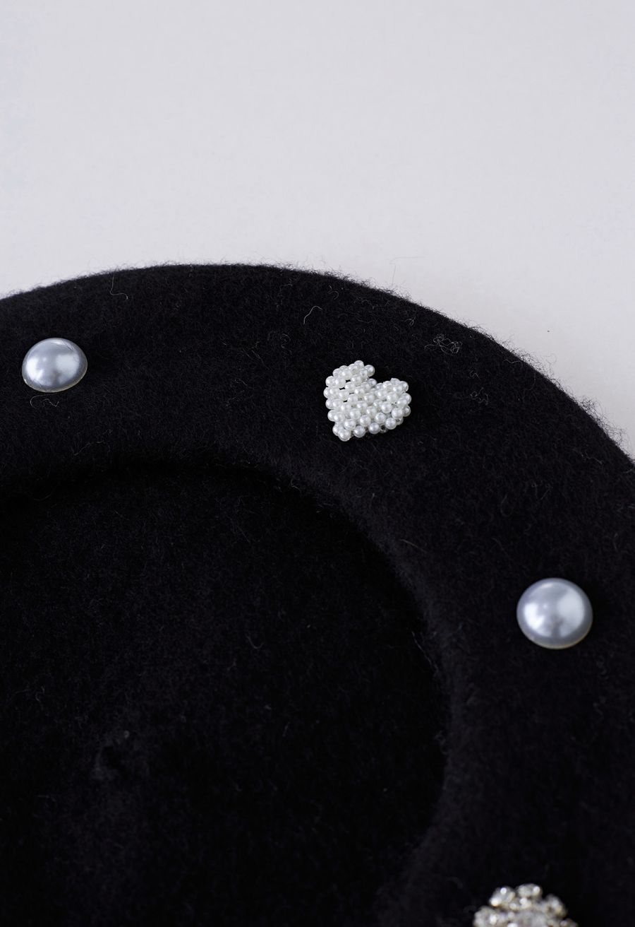 Rhinestone Decor Pearly Beret in Black