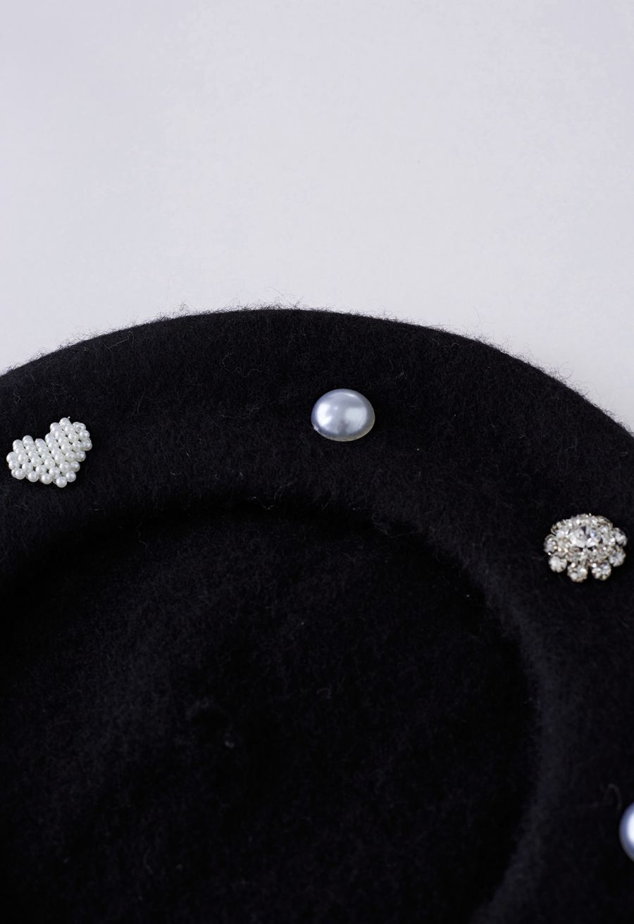 Rhinestone Decor Pearly Beret in Black