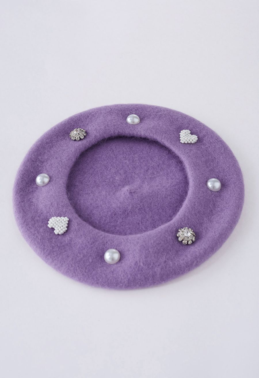 Rhinestone Decor Pearly Beret in Lilac