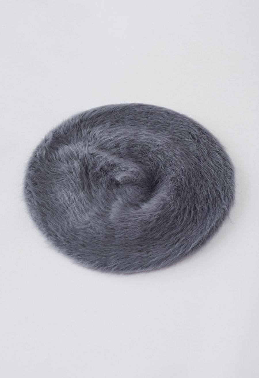 Pure Color Ultra-Soft Fuzzy Beret in Smoke