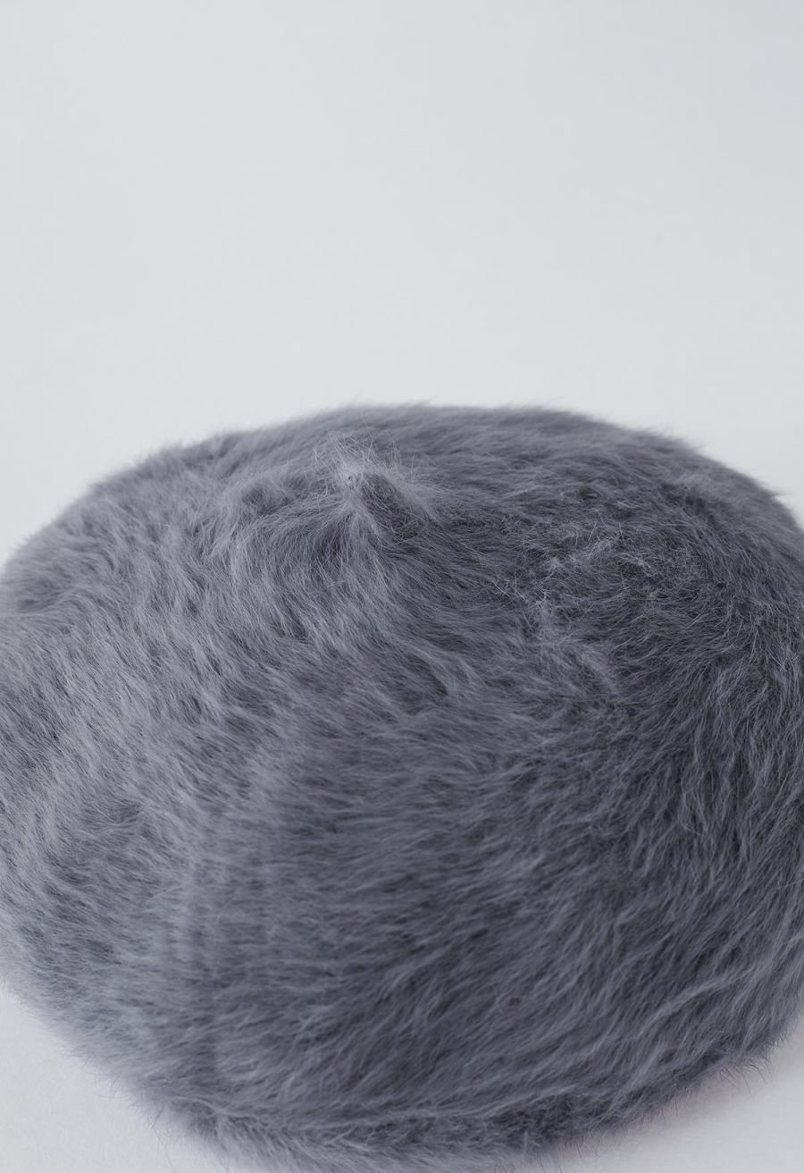 Pure Color Ultra-Soft Fuzzy Beret in Smoke