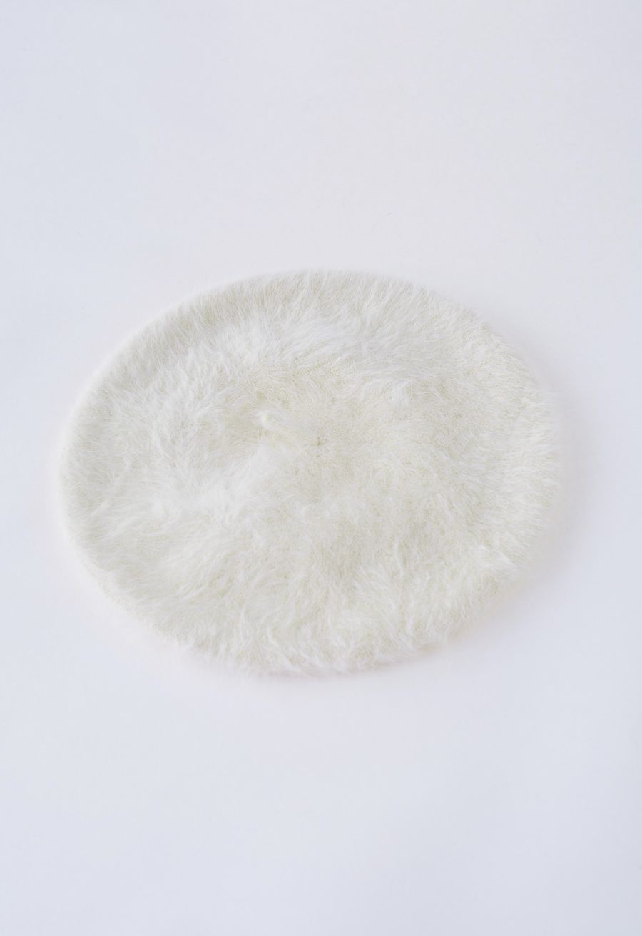 Pure Color Ultra-Soft Fuzzy Beret in Cream
