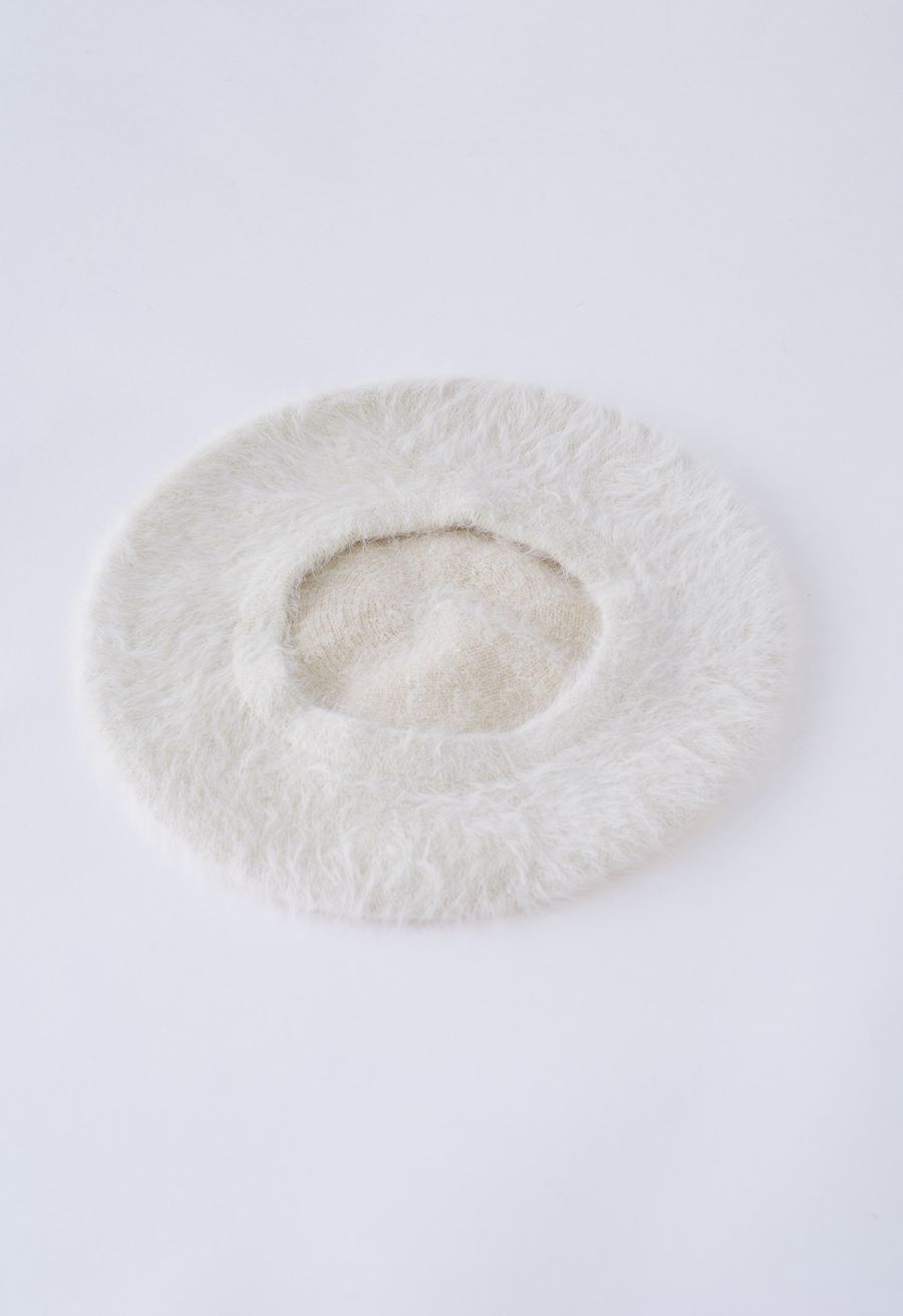 Pure Color Ultra-Soft Fuzzy Beret in Cream