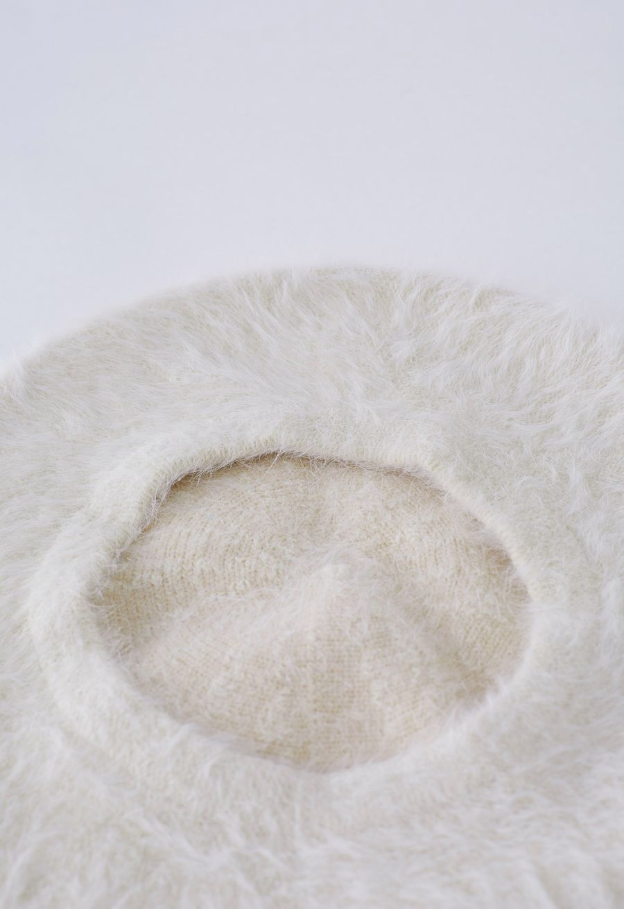 Pure Color Ultra-Soft Fuzzy Beret in Cream