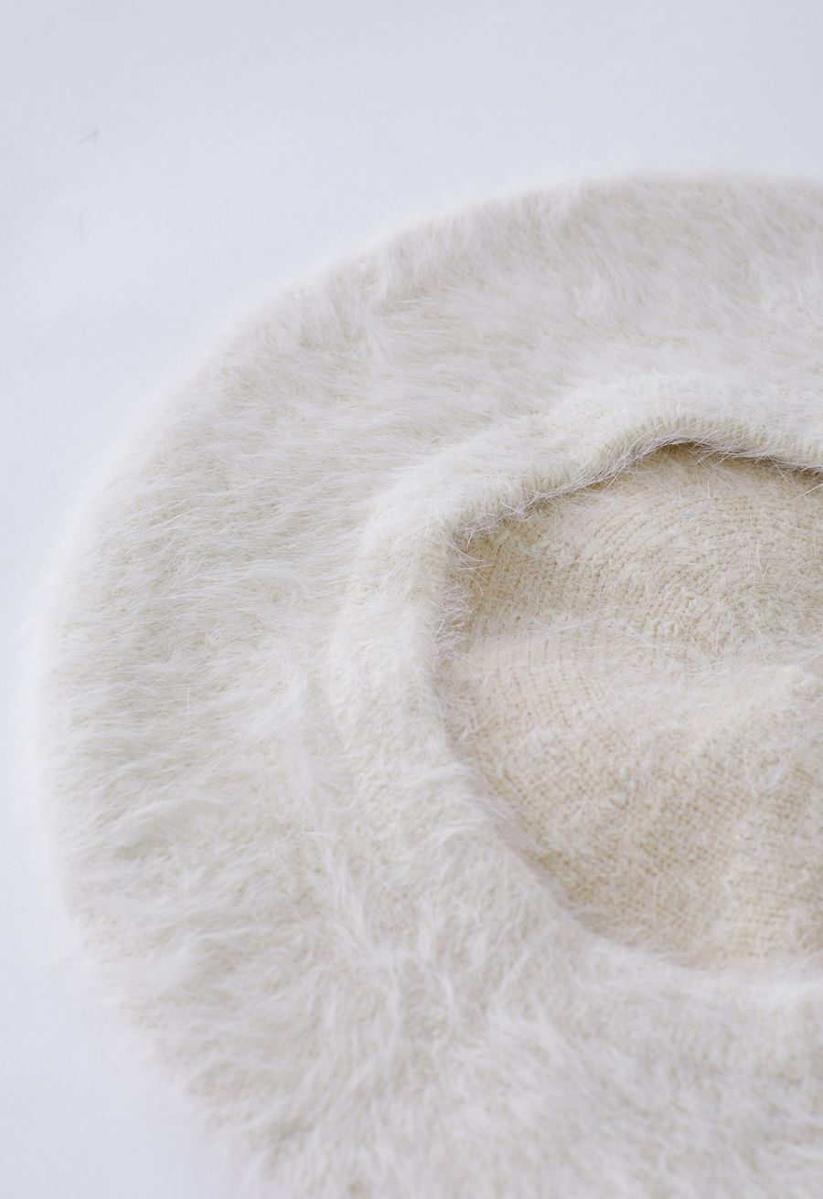 Pure Color Ultra-Soft Fuzzy Beret in Cream