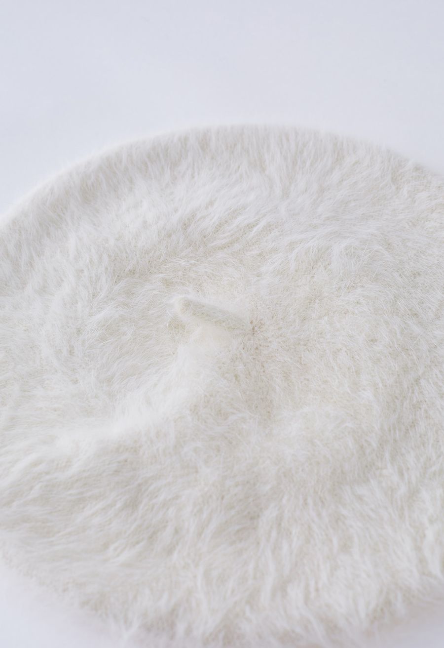 Pure Color Ultra-Soft Fuzzy Beret in Cream