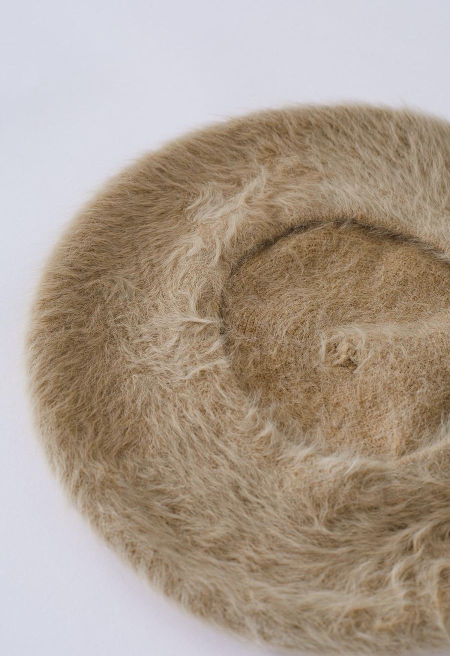 Pure Color Ultra-Soft Fuzzy Beret in Khaki