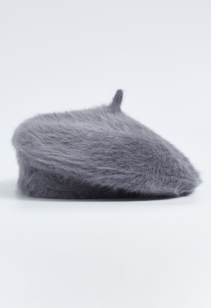 Pure Color Ultra-Soft Fuzzy Beret in Smoke